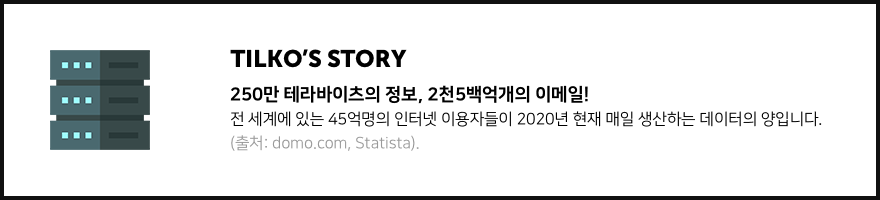 tilko’s story 250만 테라바이츠의 정보, 2천5백억개의 이메일! 전 세계에 있는 45억명의 인터넷 이용자들이 2020년 현재 매일 생산하는 데이터의 양입니다. (출처: domo.com, Statista).